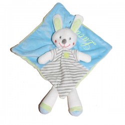Doudou lapin Bleu, Vert Anis et ray&eacute; gris