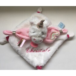 Babynat - doudou Licorne plat Blanc et Rose Arc en Ciel Corne Dore