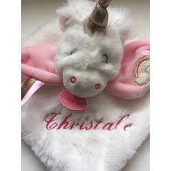 Babynat - doudou Licorne plat Blanc et Rose Arc en Ciel Corne Dore