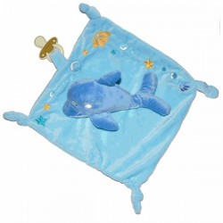 Doudou dauphin bleu avec attache sucette