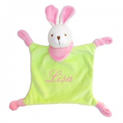 Doudou personnalis&eacute; lapinou toudoux rose et vert