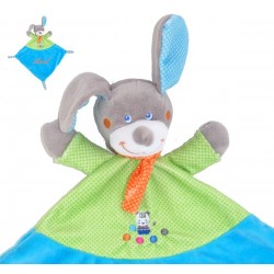 Doudou personnalis&eacute; lapin bleu turquoise et vert anis