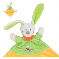 Doudou personnalis&eacute; lapin jaune et vert anis