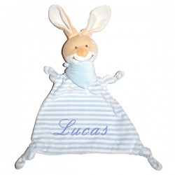 Doudou personnalis&eacute; grand lapinou ray&eacute; bleu et blanc
