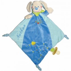 Doudou patou bleu avec attache sucette