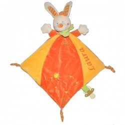 Doudou lapin orange et jaune avec attache sucette